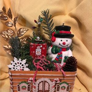 Vintage Christmas Assemblage Snowman Holiday Arrangement in a gingerbread metal